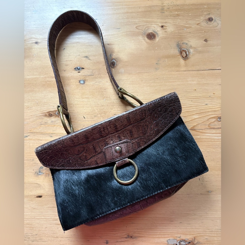 Vintage 90s Preston & York Brown Croc Embossed Leather Black Calf Hair Purse Bag